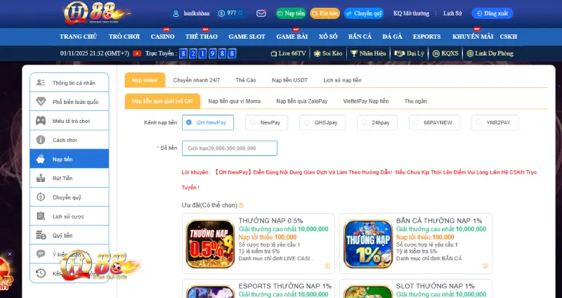 Nạp tiền QH88 dễ dàng